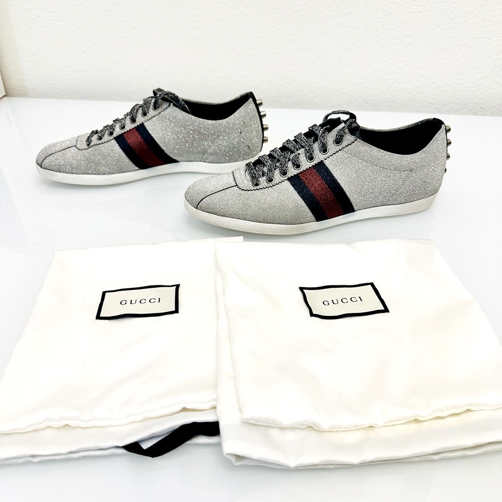 Gucci Bambi Men's web glitter silver sneakers